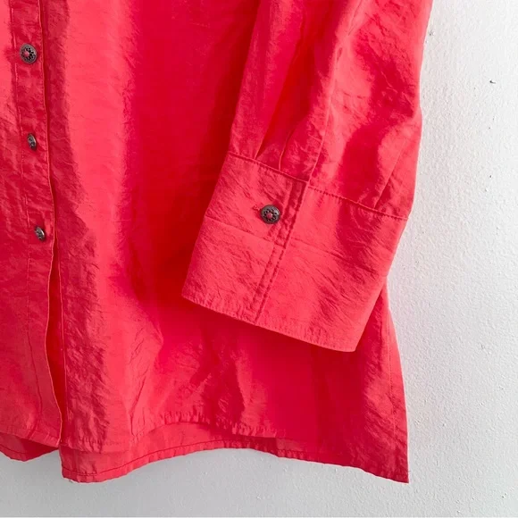 Ali Miles Crinkled Button Front Blouse Bright Coral Pink Collared Women’s Small‎ - Picture 7 of 10